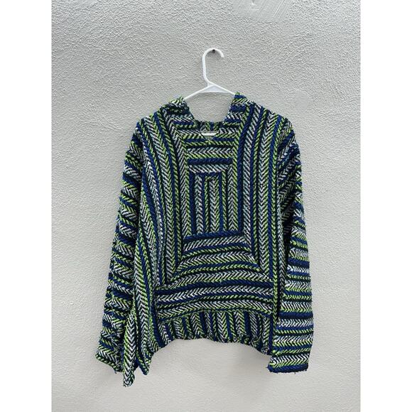 Baja Joe Blanket Sweatshirt Size Small Green Blue Mexican Pullover Hooded - Picture 1 of 13